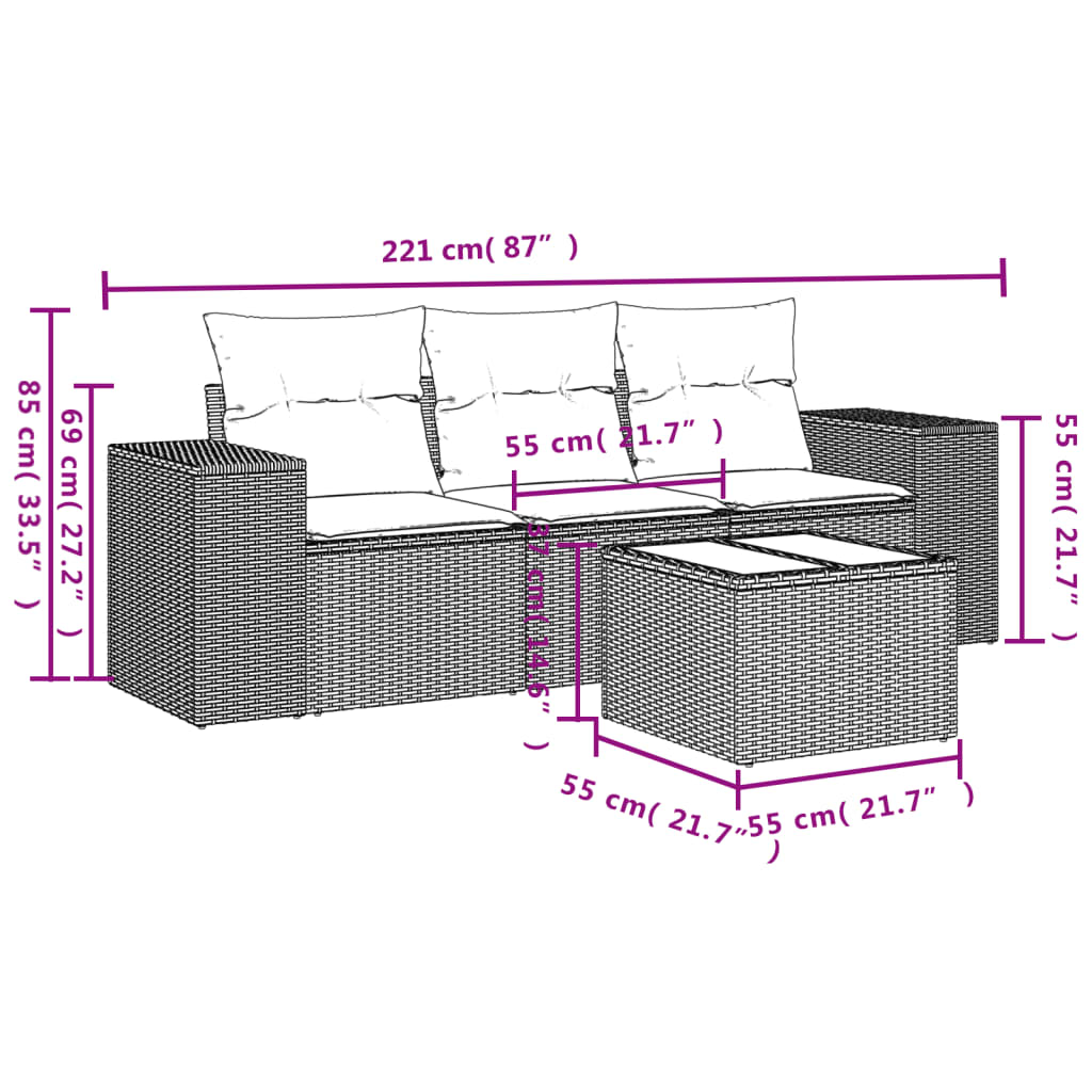 4 pcs conjunto de sofás para jardim c/ almofadões vime PE preto