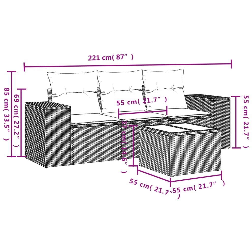 4 pcs conj. sofás jardim c/ almofadões vime PE cinzento-claro