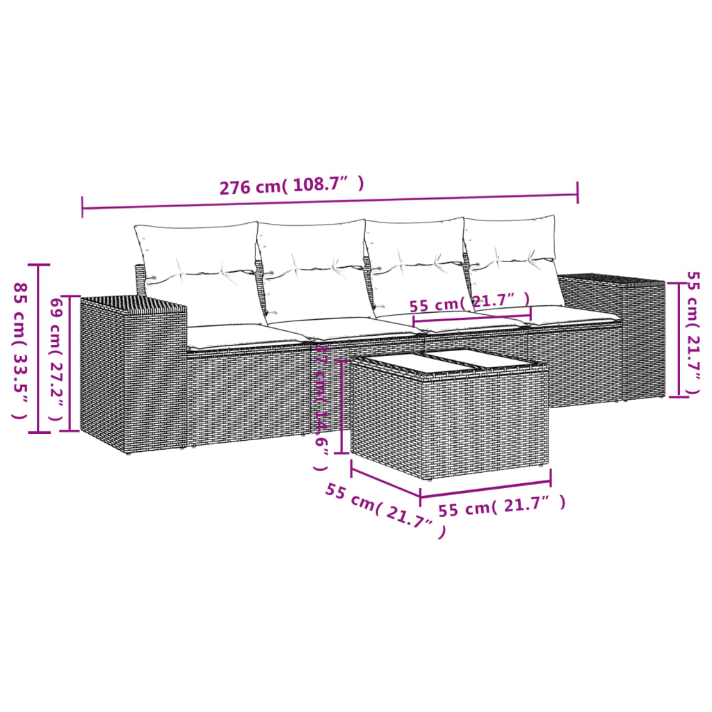 5 pcs conjunto de sofás p/ jardim com almofadões vime PE bege