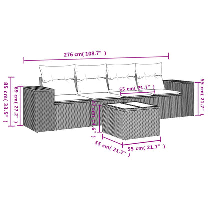 5 pcs conjunto sofás de jardim c/ almofadões vime PE cinzento