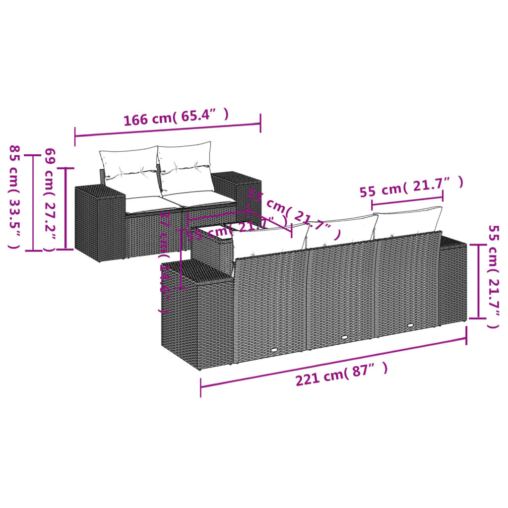 6 pcs conj. sofás jardim com almofadões vime PE cinzento-claro