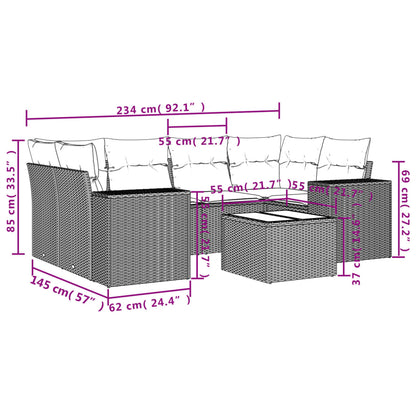 7 pcs conjunto de sofás p/ jardim c/ almofadões vime PE preto