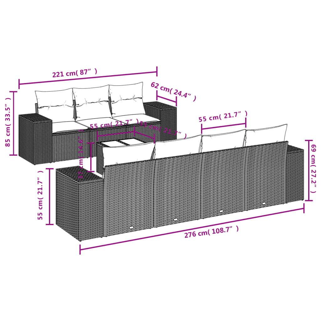 8 pcs conjunto sofás de jardim com almofadões vime PE preto