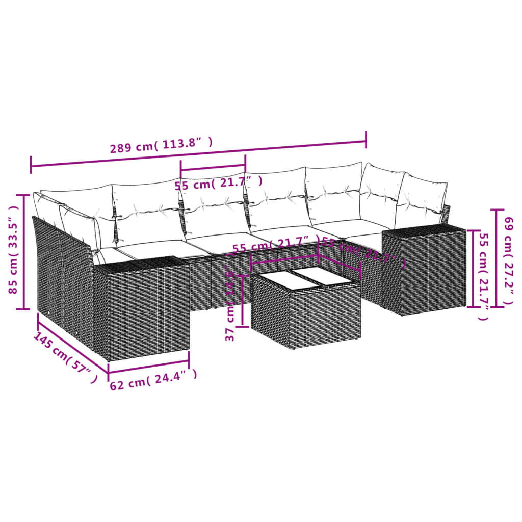 8 pcs conjunto de sofás p/ jardim com almofadões vime PE bege