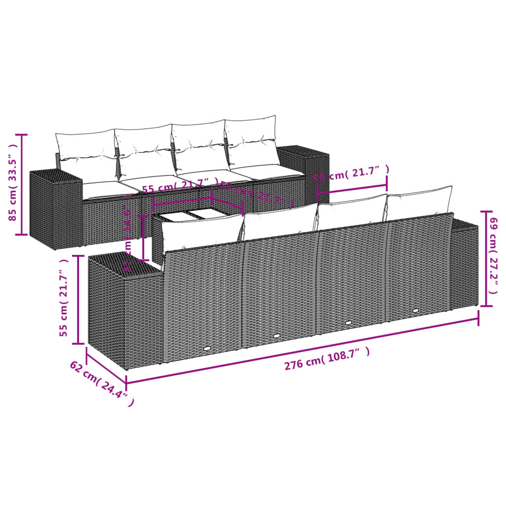 9 pcs conjunto de sofás p/ jardim c/ almofadões vime PE preto