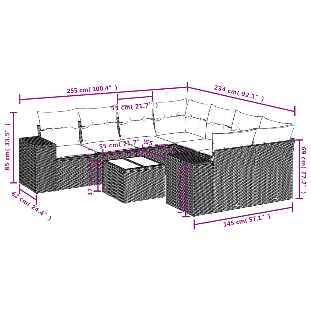 9 pcs conjunto de sofás p/ jardim c/ almofadões vime PE preto