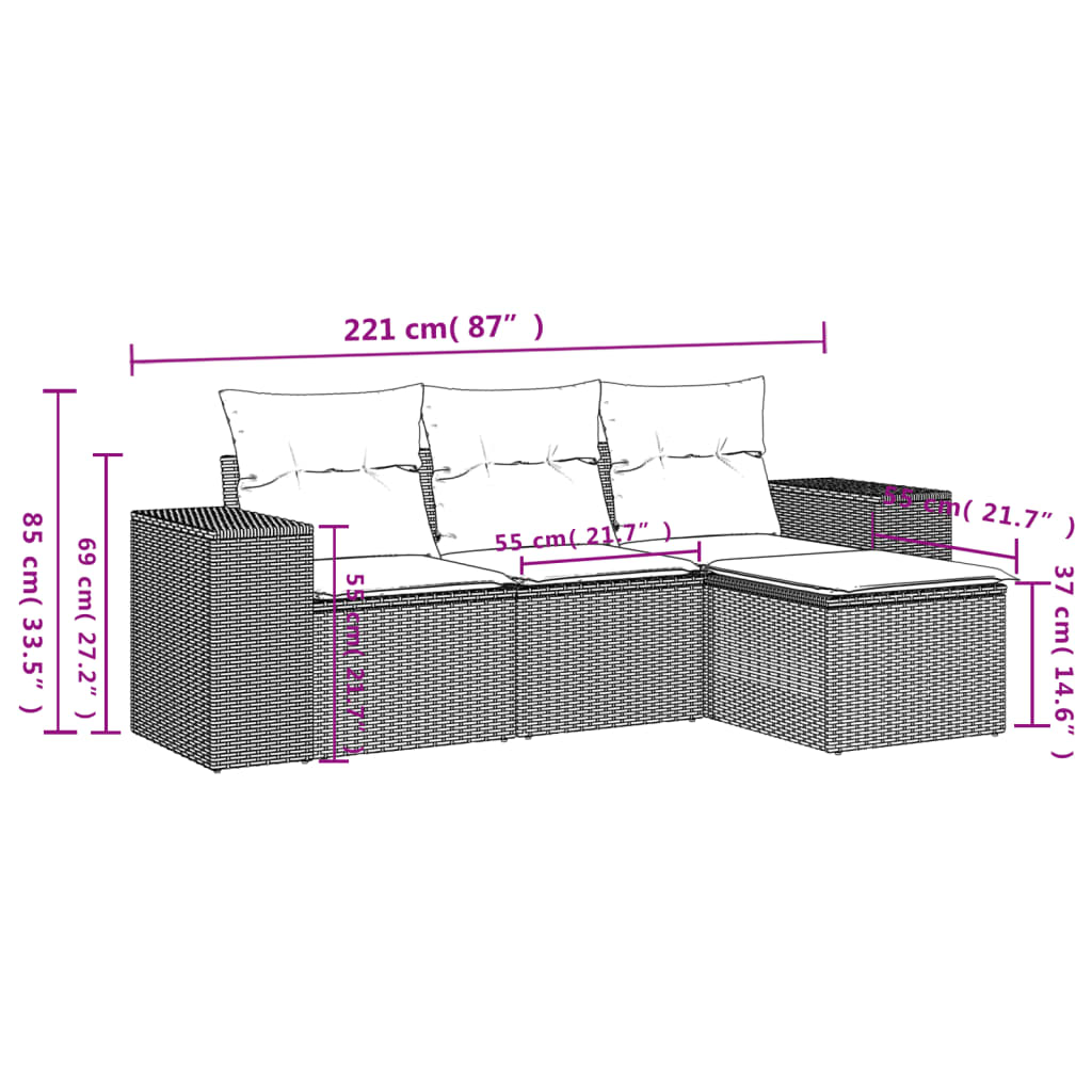 4 pcs conjunto de sofás para jardim c/ almofadões vime PE preto