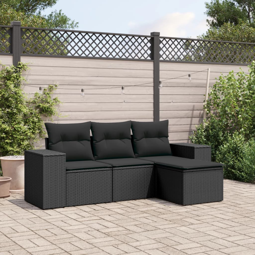 4 pcs conjunto de sofás para jardim c/ almofadões vime PE preto