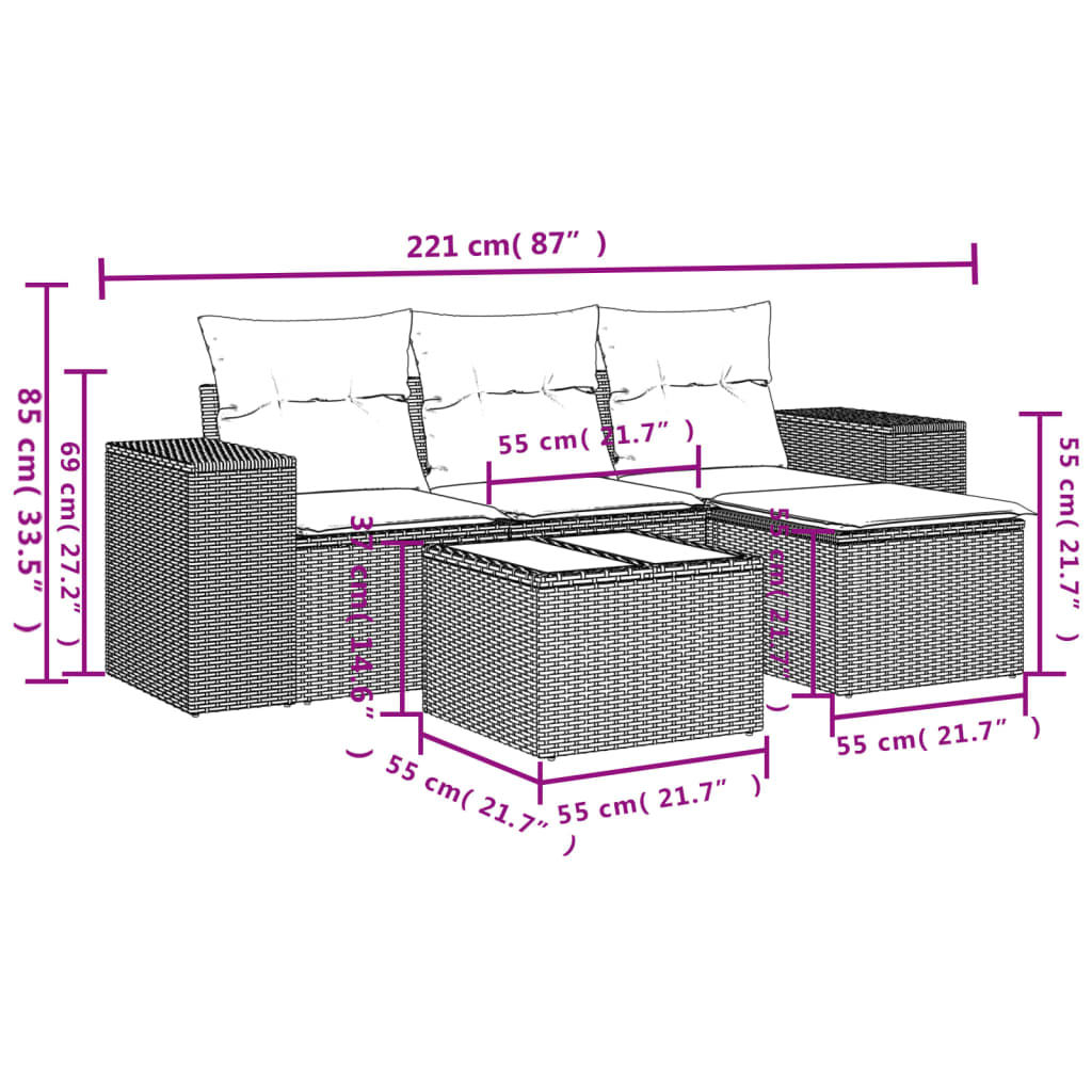 5 pcs conjunto sofás de jardim c/ almofadões vime PE cinzento