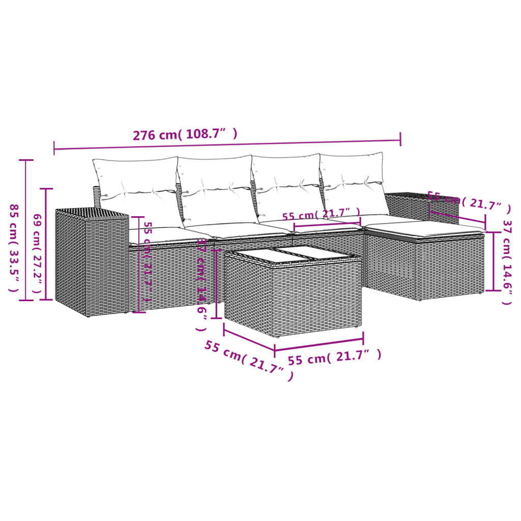 6 pcs conjunto de sofás p/ jardim com almofadões vime PE bege