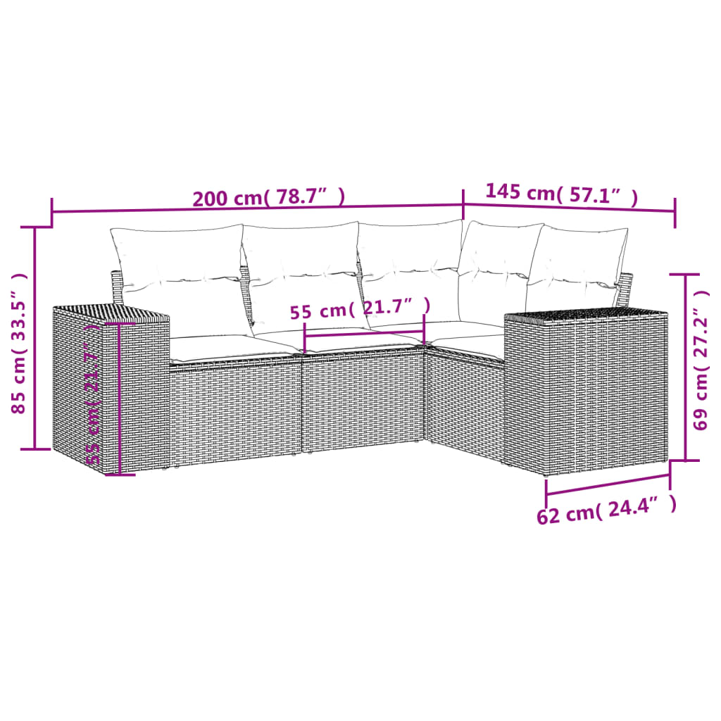 4 pcs conjunto de sofás para jardim c/ almofadões vime PE bege