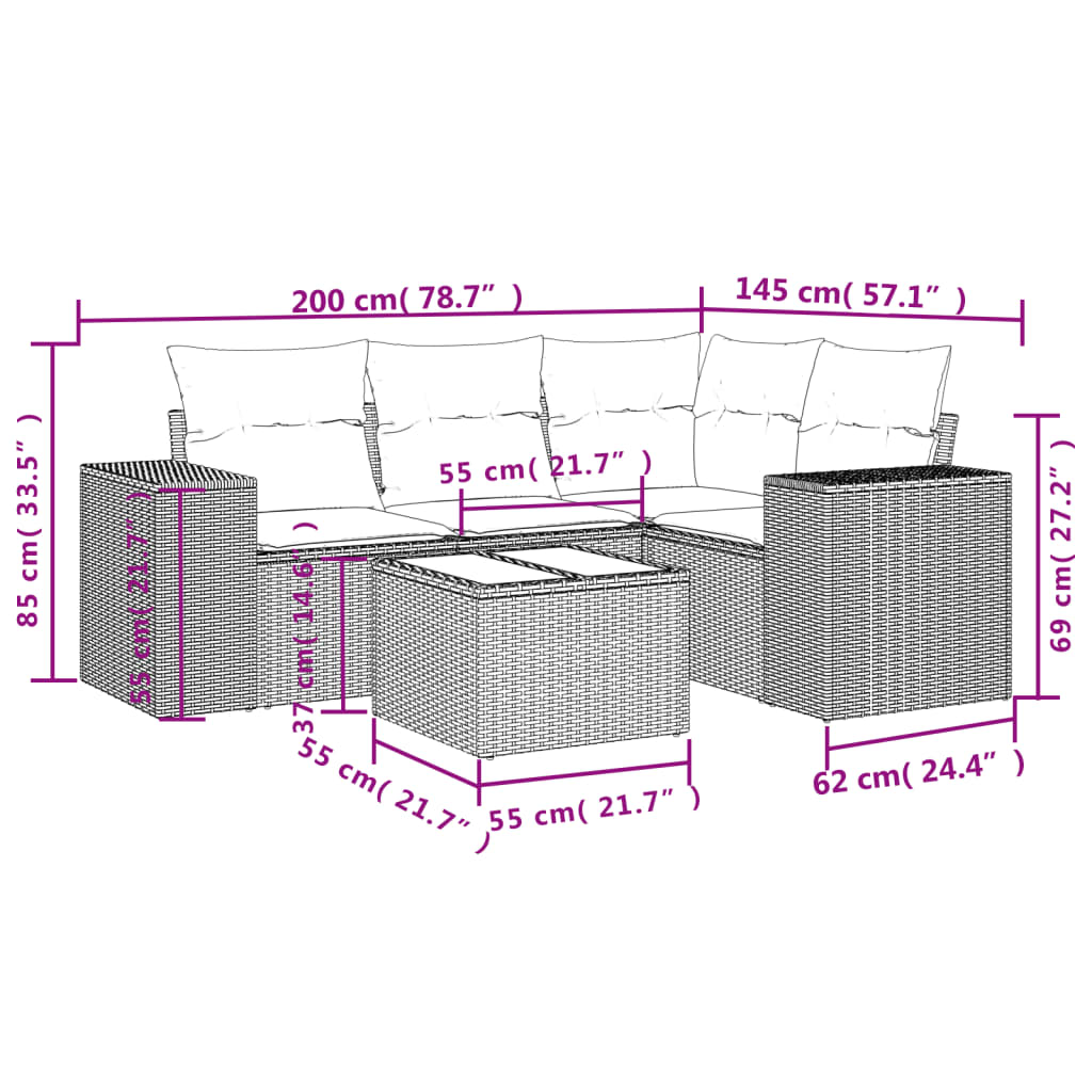 5 pcs conjunto sofás de jardim com almofadões vime PE preto