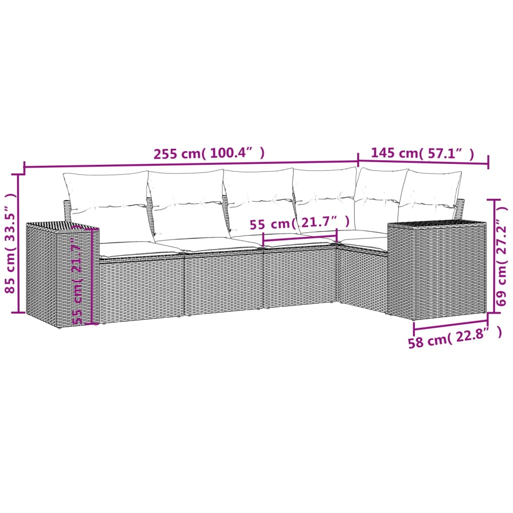 5 pcs conjunto sofás de jardim c/ almofadões vime PE cinzento