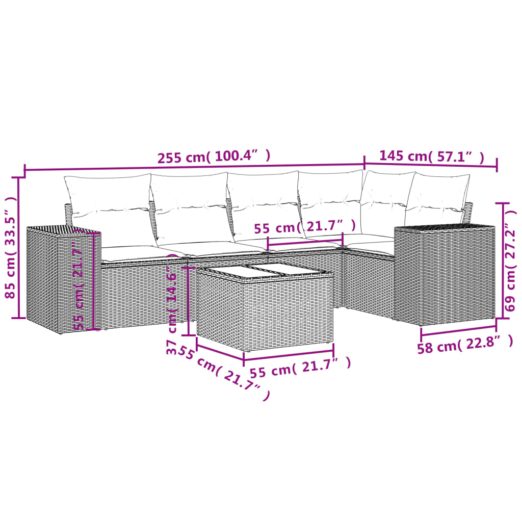 6 pcs conjunto de sofás p/ jardim com almofadões vime PE bege