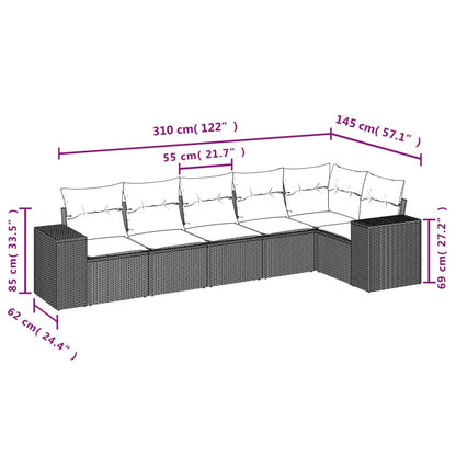 6 pcs conjunto sofás de jardim c/ almofadões vime PE preto