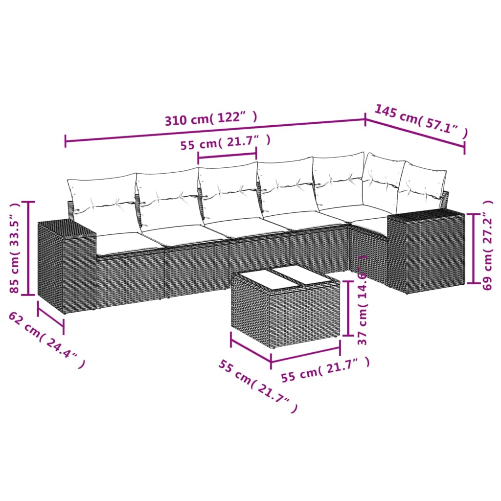 7 pcs conjunto de sofás p/ jardim com almofadões vime PE bege