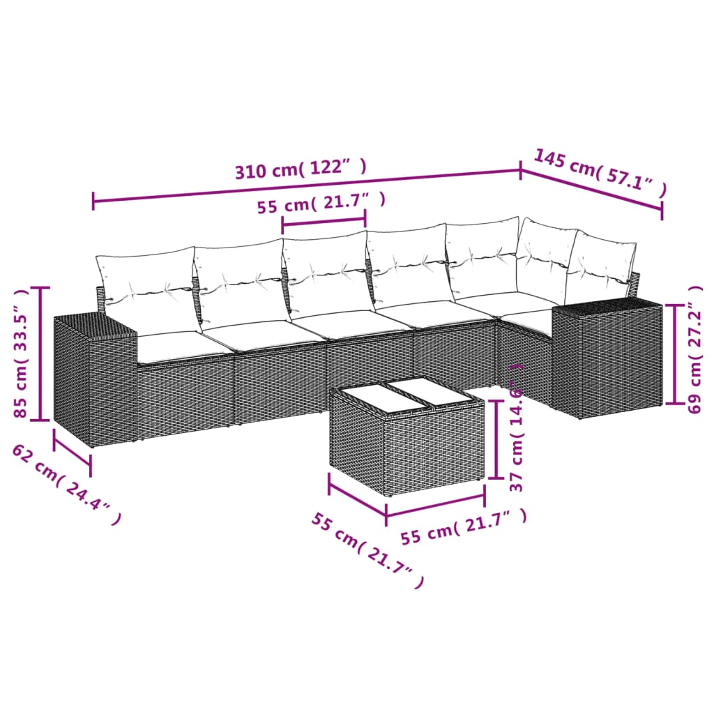 7 pcs conjunto sofás p/ jardim c/ almofadões vime PE cinzento