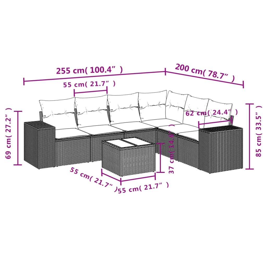 7 pcs conjunto de sofás p/ jardim com almofadões vime PE bege