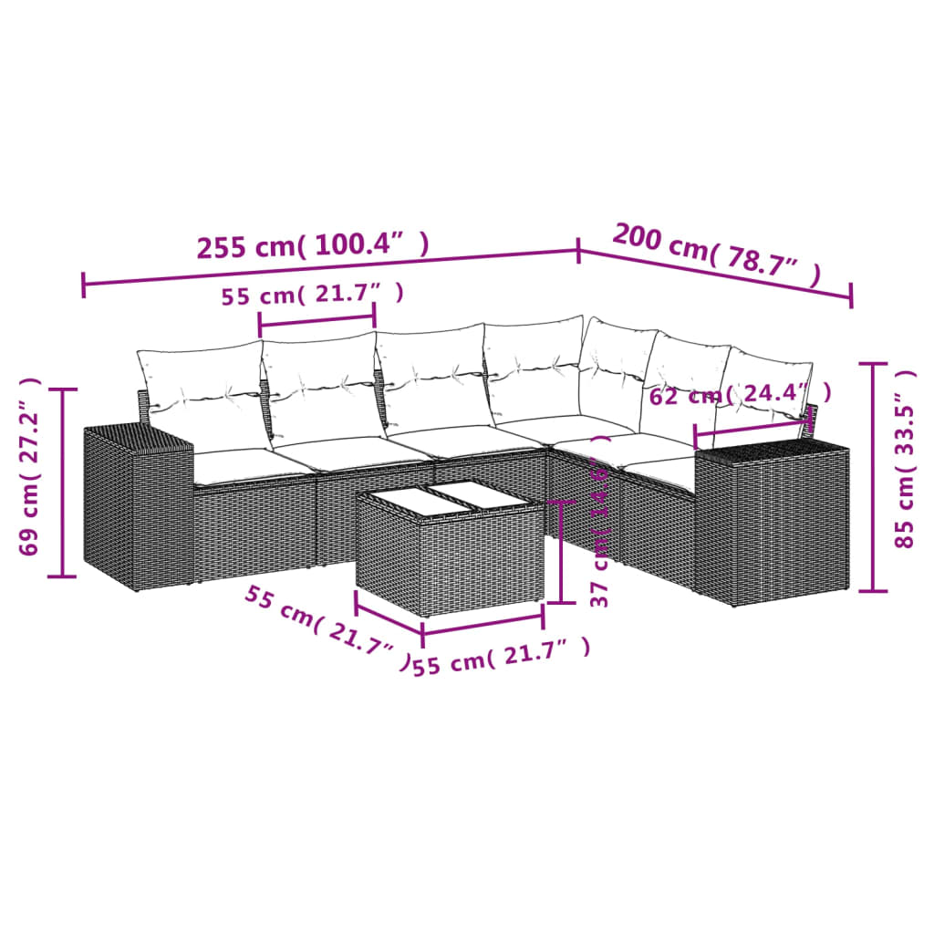 7 pcs conj. sofás jardim com almofadões vime PE cinzento-claro