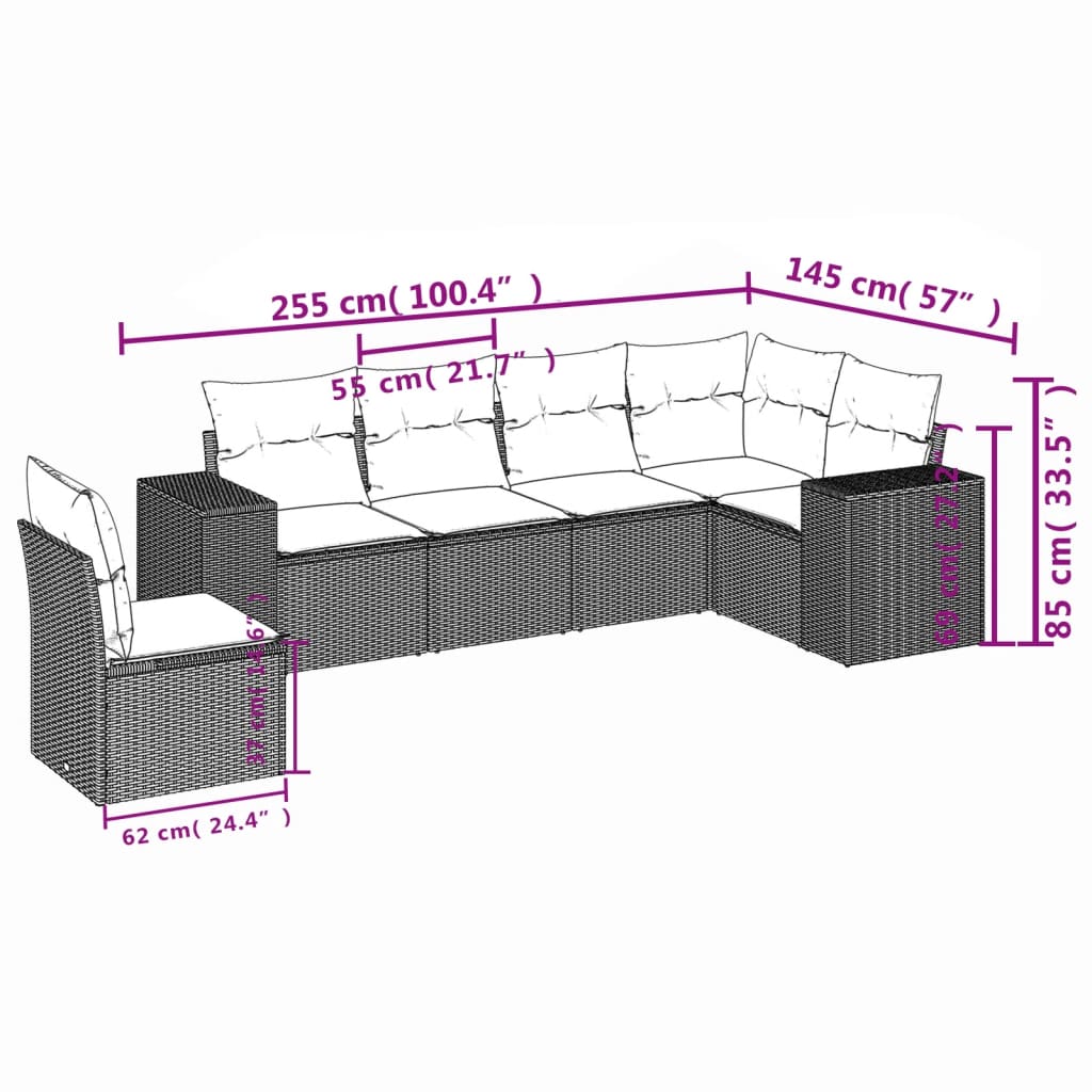 6 pcs conjunto sofás de jardim c/ almofadões vime PE preto