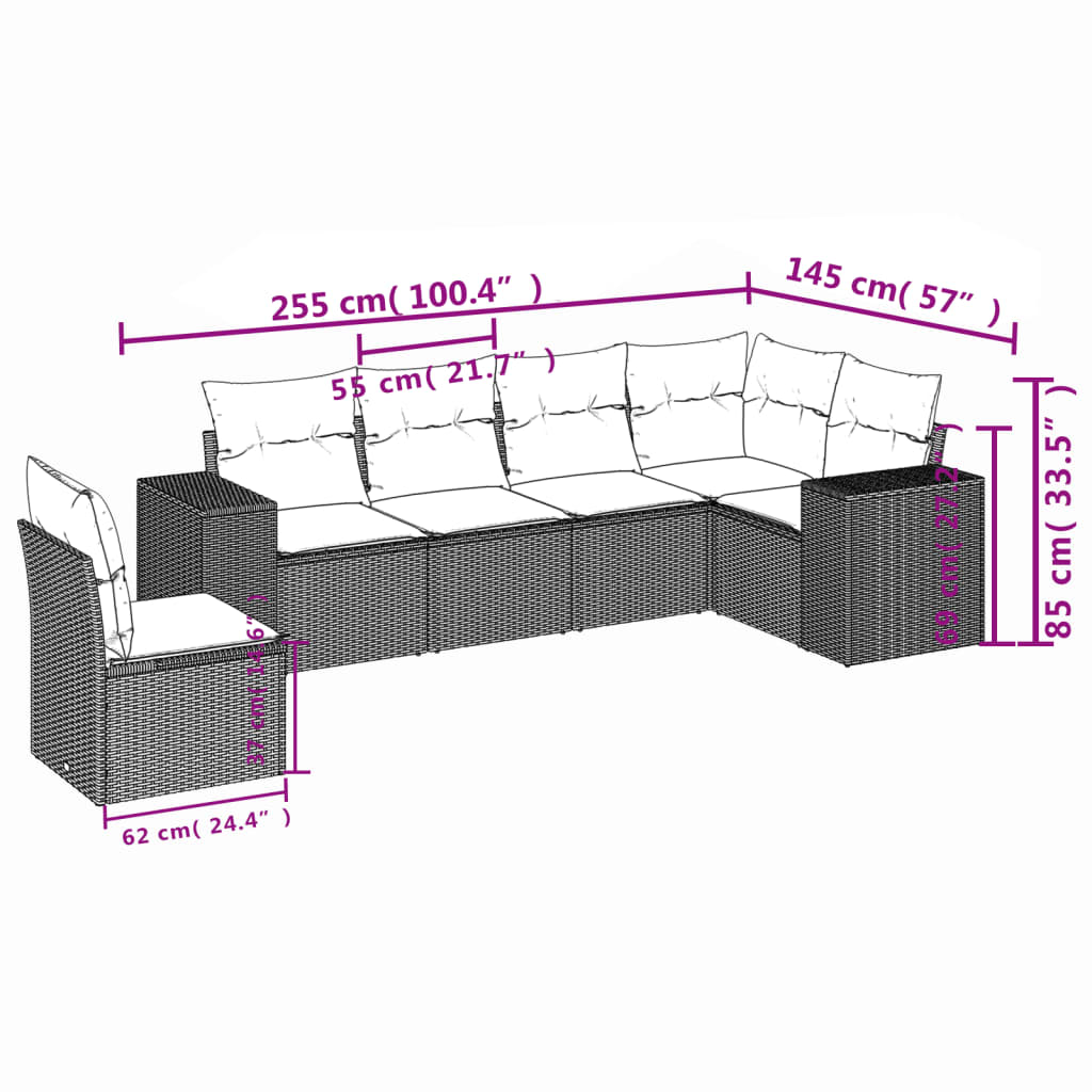 6 pcs conjunto sofás de jardim com almofadões vime cinzento