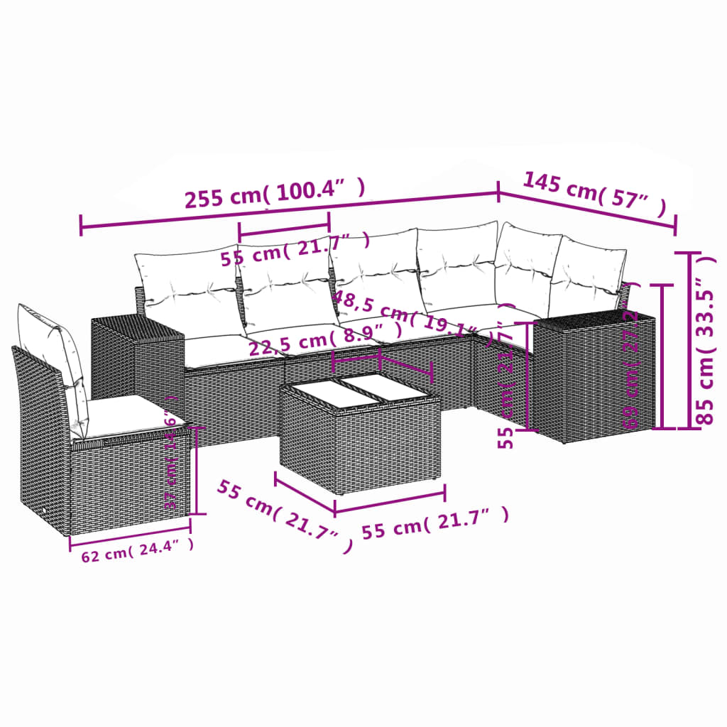 7 pcs conjunto sofás p/ jardim c/ almofadões vime PE cinzento