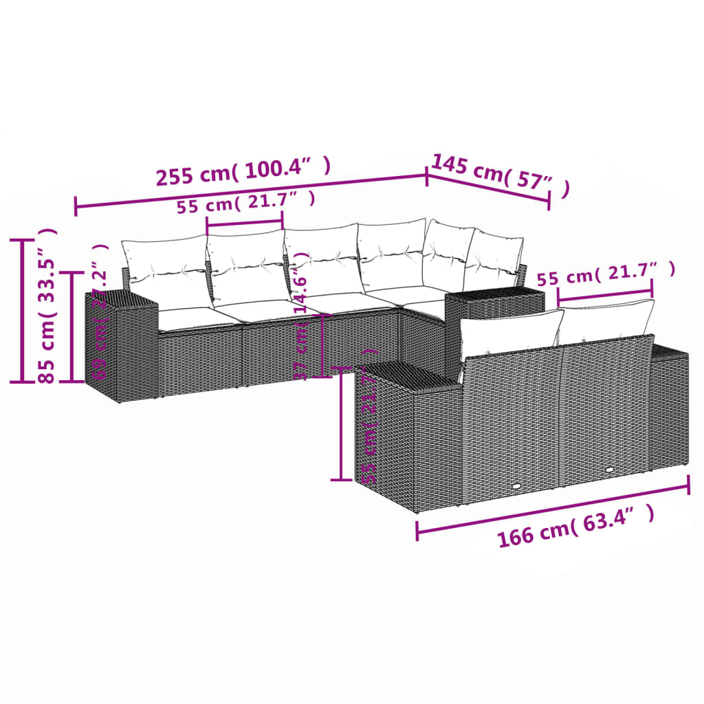 7 pcs conj. sofás jardim com almofadões vime PE cinzento-claro