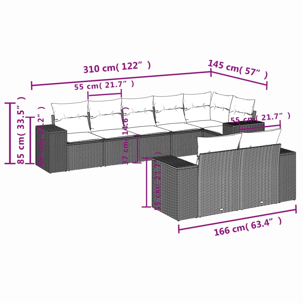 8 pcs conj. sofás jardim c/ almofadões vime PE cinzento-claro