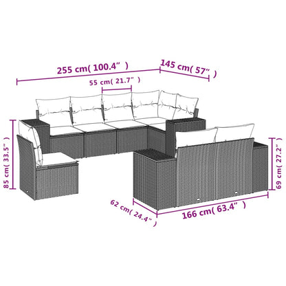 8 pcs conj. sofás jardim c/ almofadões vime PE cinzento-claro