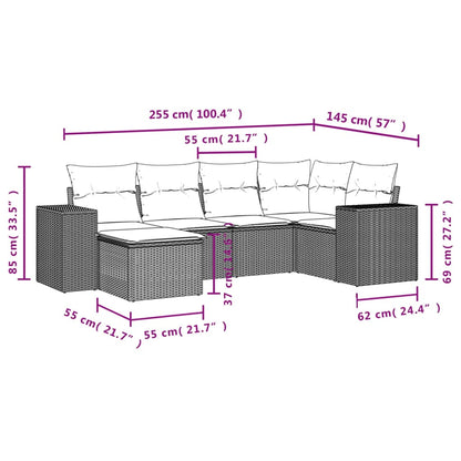 6 pcs conjunto de sofás p/ jardim com almofadões vime PE bege