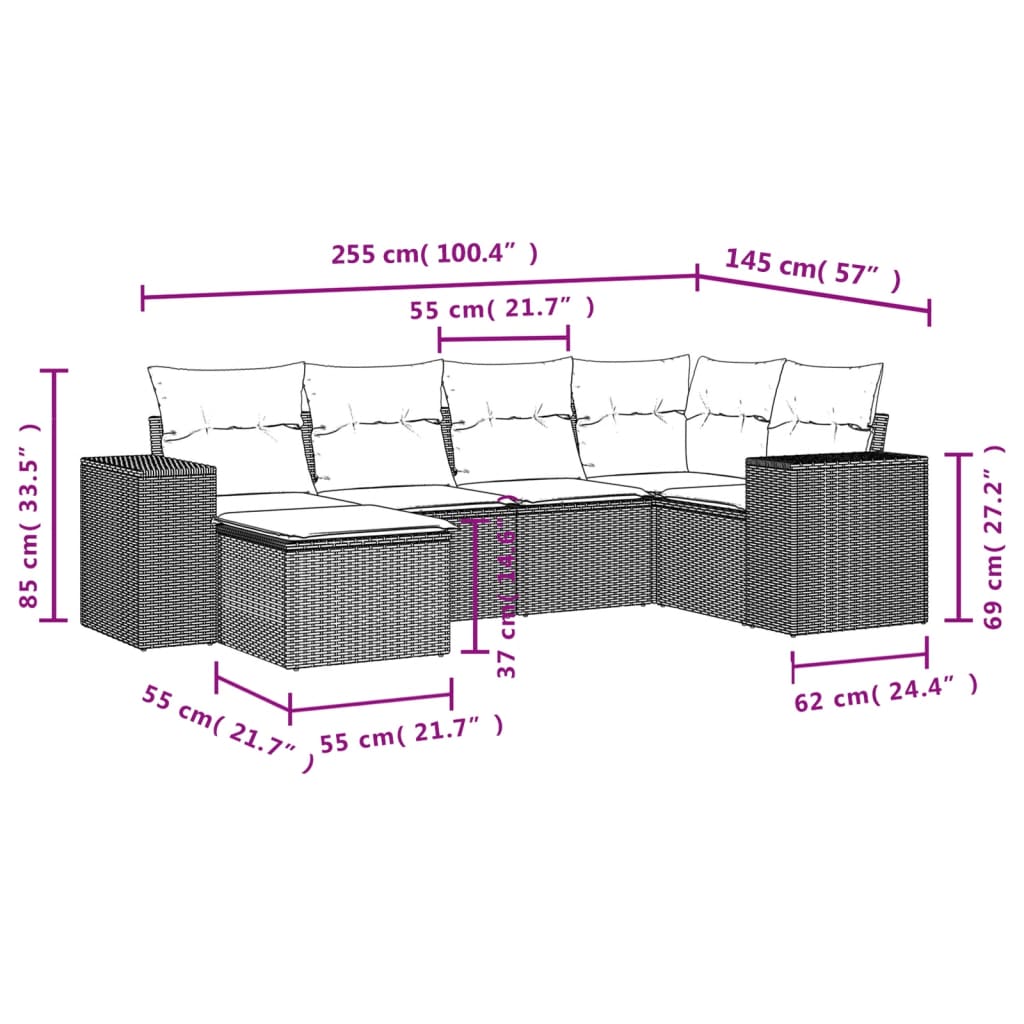 6 pcs conj. sofás jardim com almofadões vime PE cinzento-claro