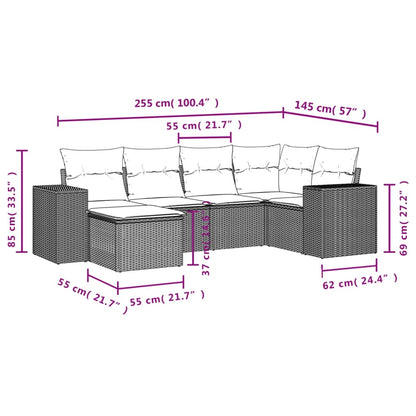 6 pcs conj. sofás jardim com almofadões vime PE cinzento-claro