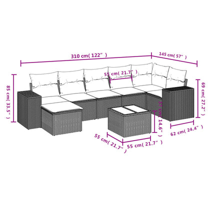 8 pcs conj. sofás jardim c/ almofadões vime PE cinzento-claro