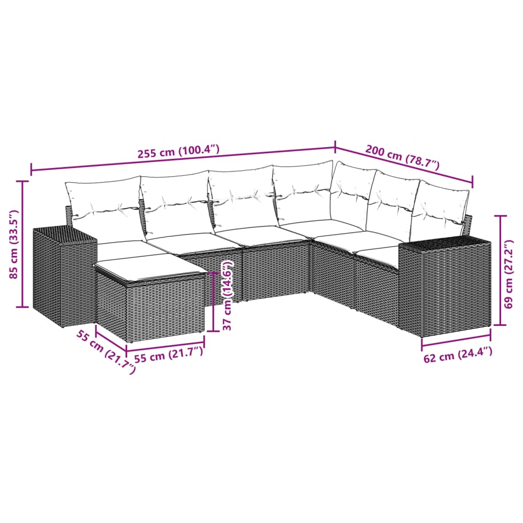 7 pcs conjunto de sofás p/ jardim c/ almofadões vime PE preto