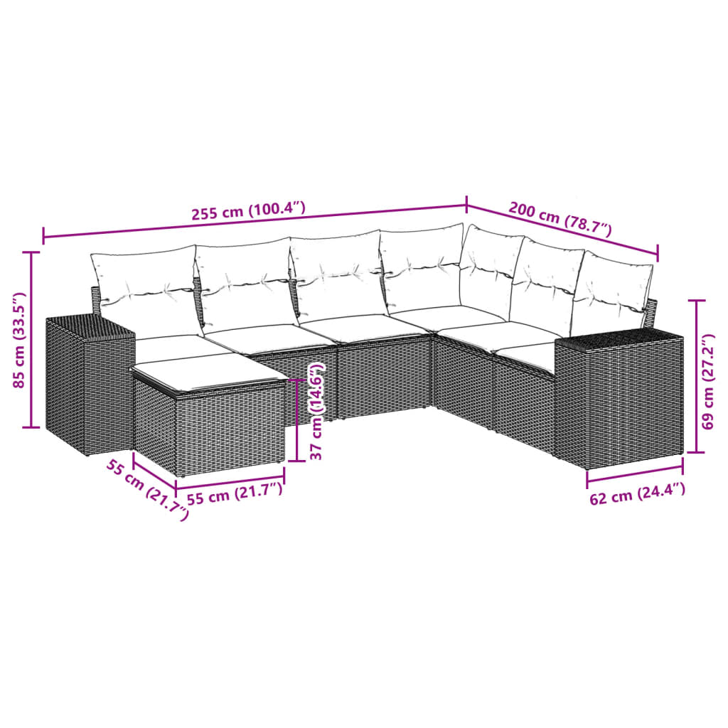 7 pcs conjunto de sofás p/ jardim com almofadões vime PE bege