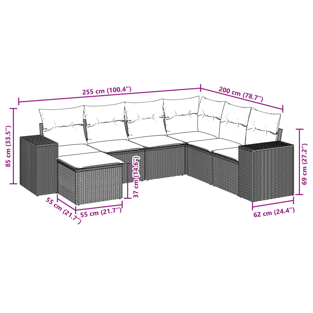 7 pcs conj. sofás jardim com almofadões vime PE cinzento-claro