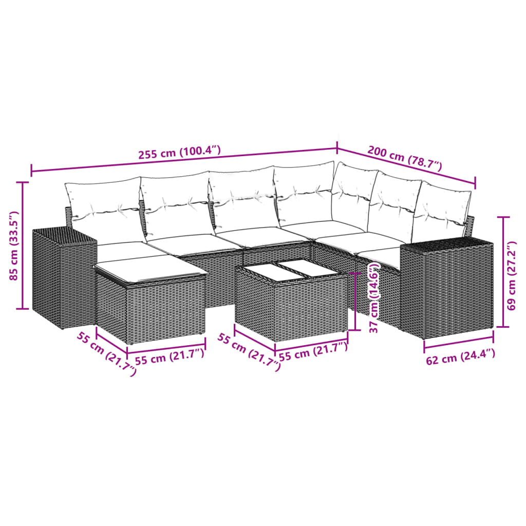 8 pcs conj. sofás jardim c/ almofadões vime PE cinzento-claro