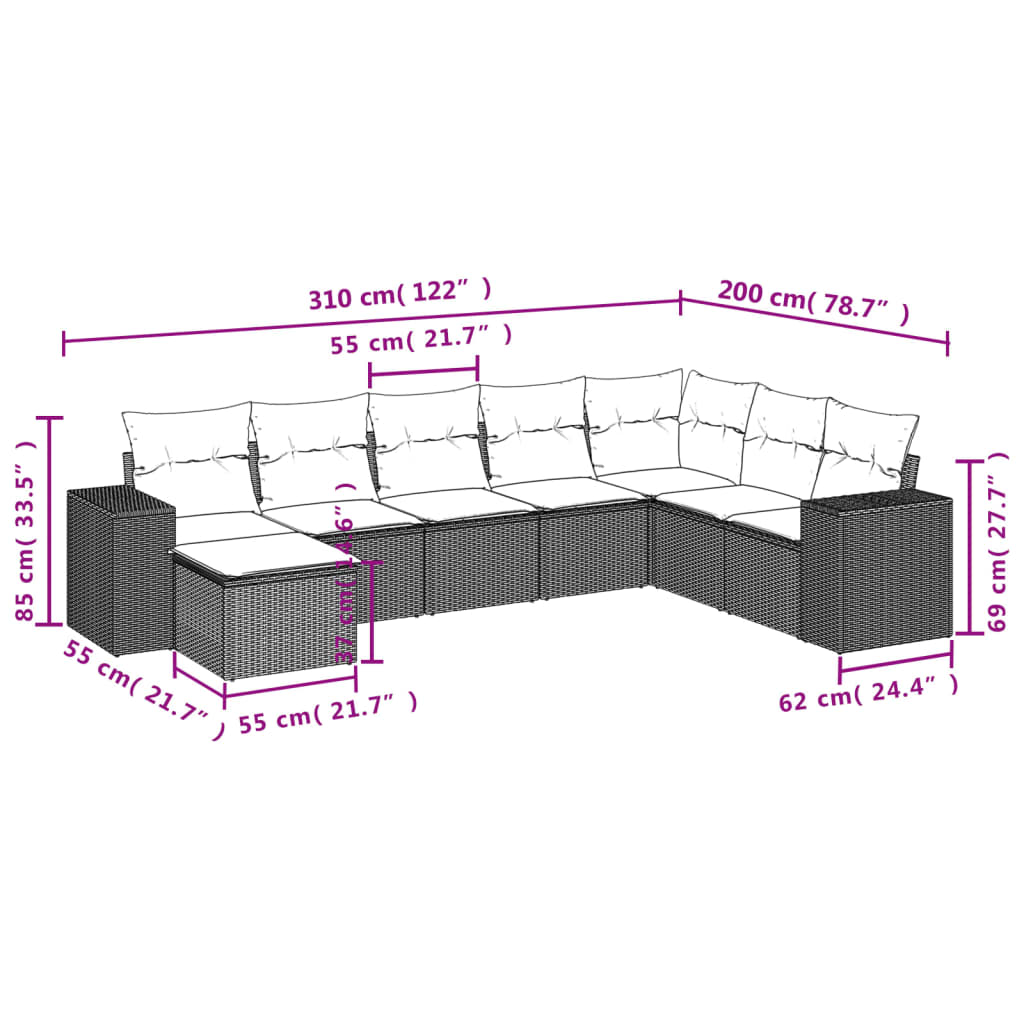 8 pcs conj. sofás jardim c/ almofadões vime PE cinzento-claro