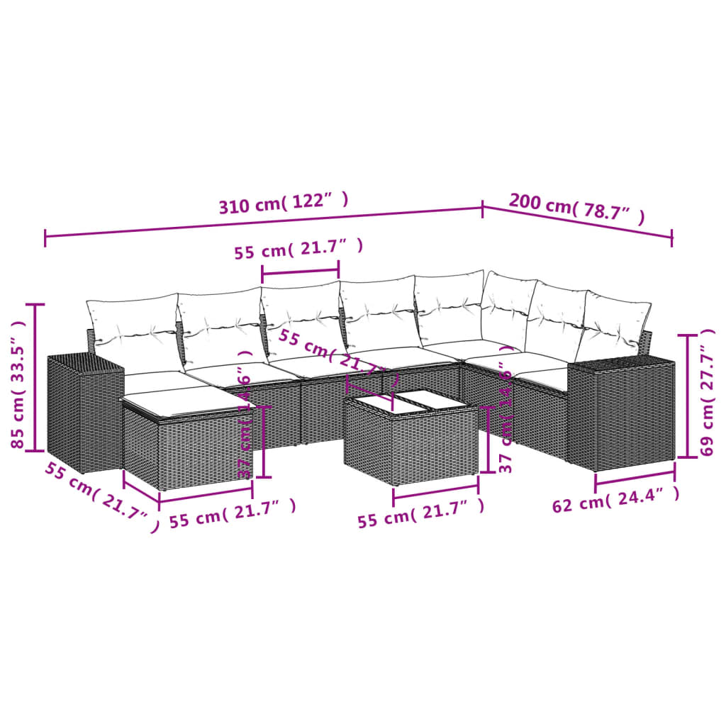 9 pcs conj. sofás jardim com almofadões vime PE cinzento-claro