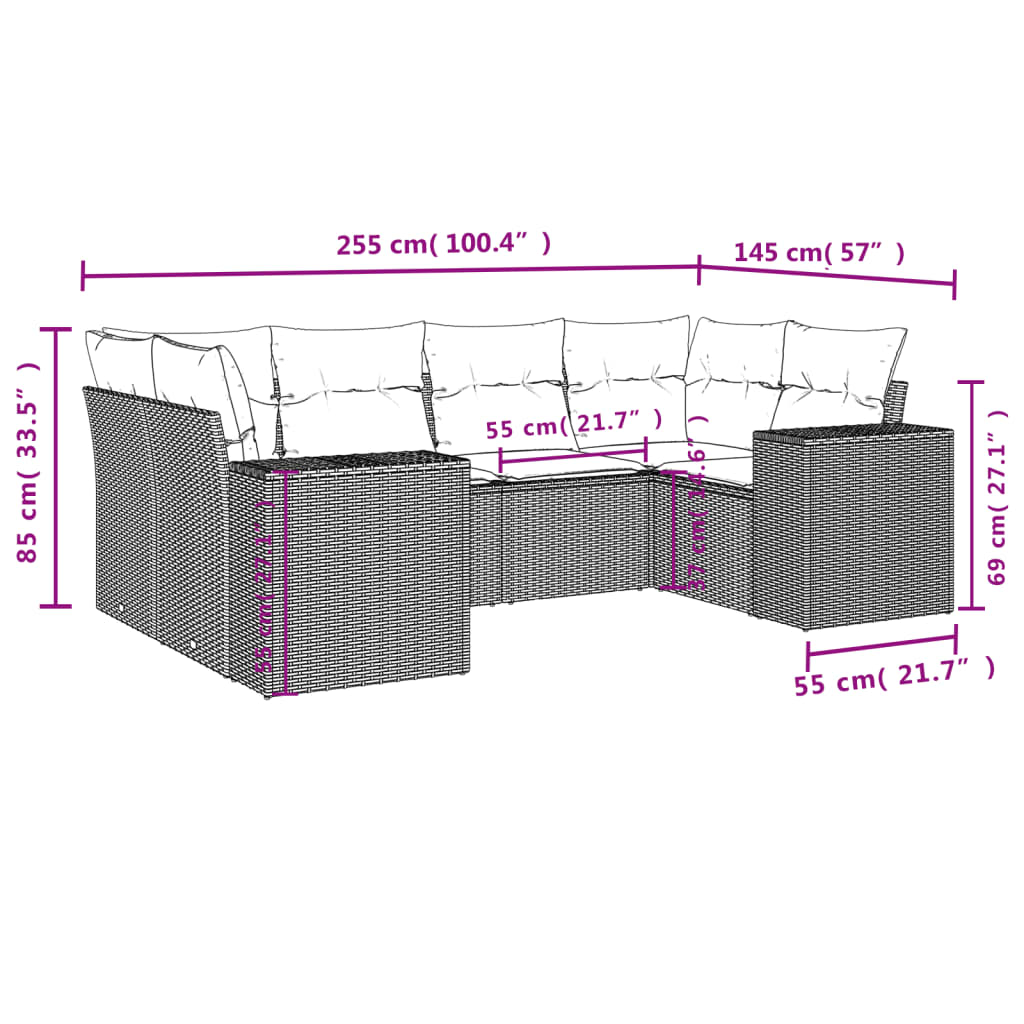 6 pcs conjunto sofás de jardim c/ almofadões vime PE preto