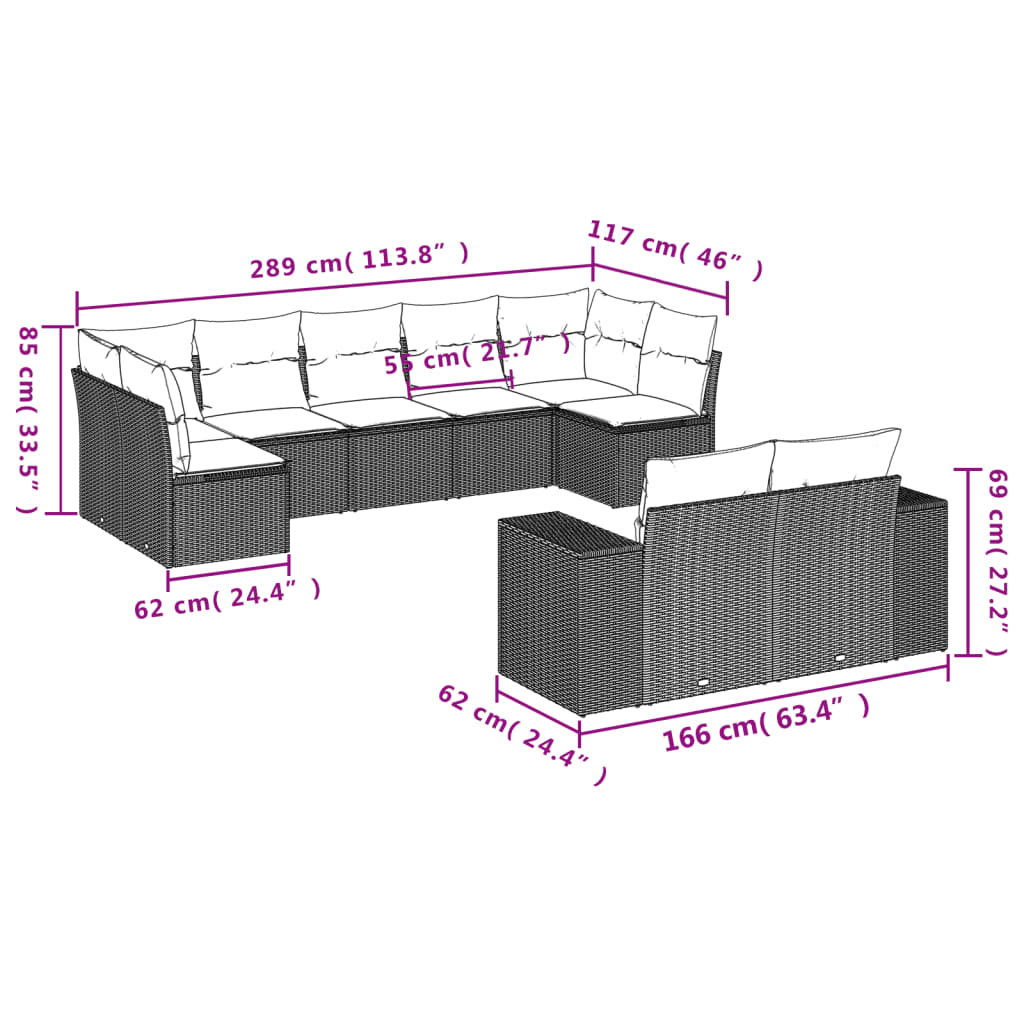 9 pcs conjunto de sofás p/ jardim c/ almofadões vime PE preto