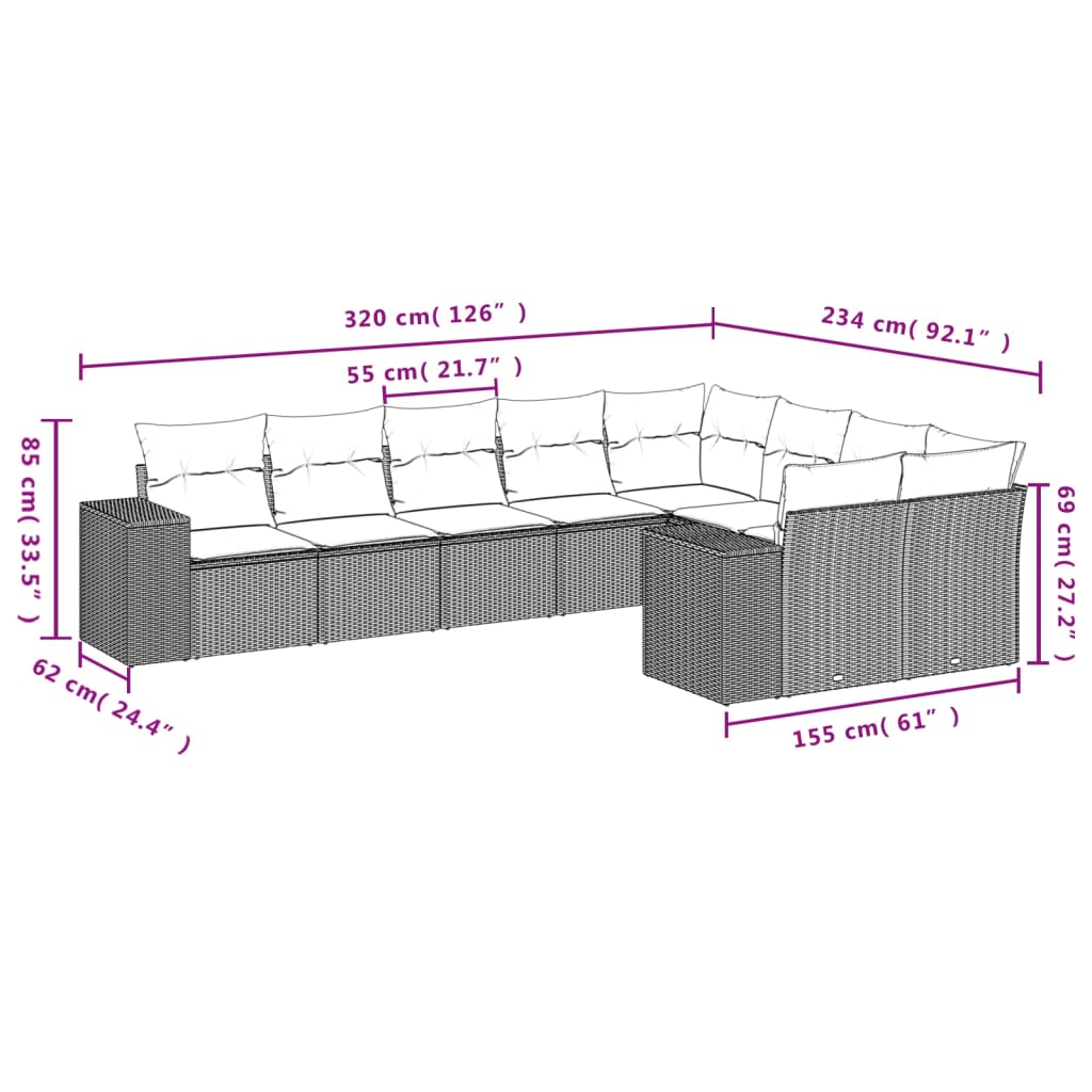 9 pcs conjunto de sofás p/ jardim c/ almofadões vime PE preto