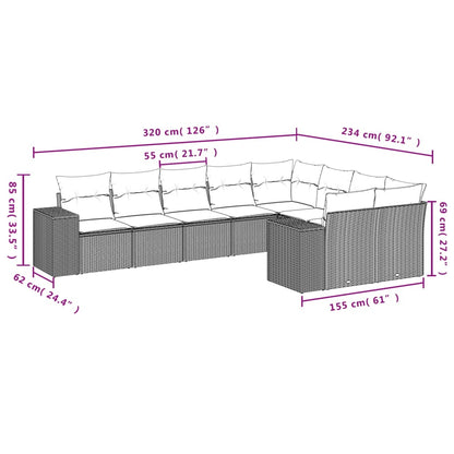 9 pcs conjunto de sofás p/ jardim c/ almofadões vime PE preto