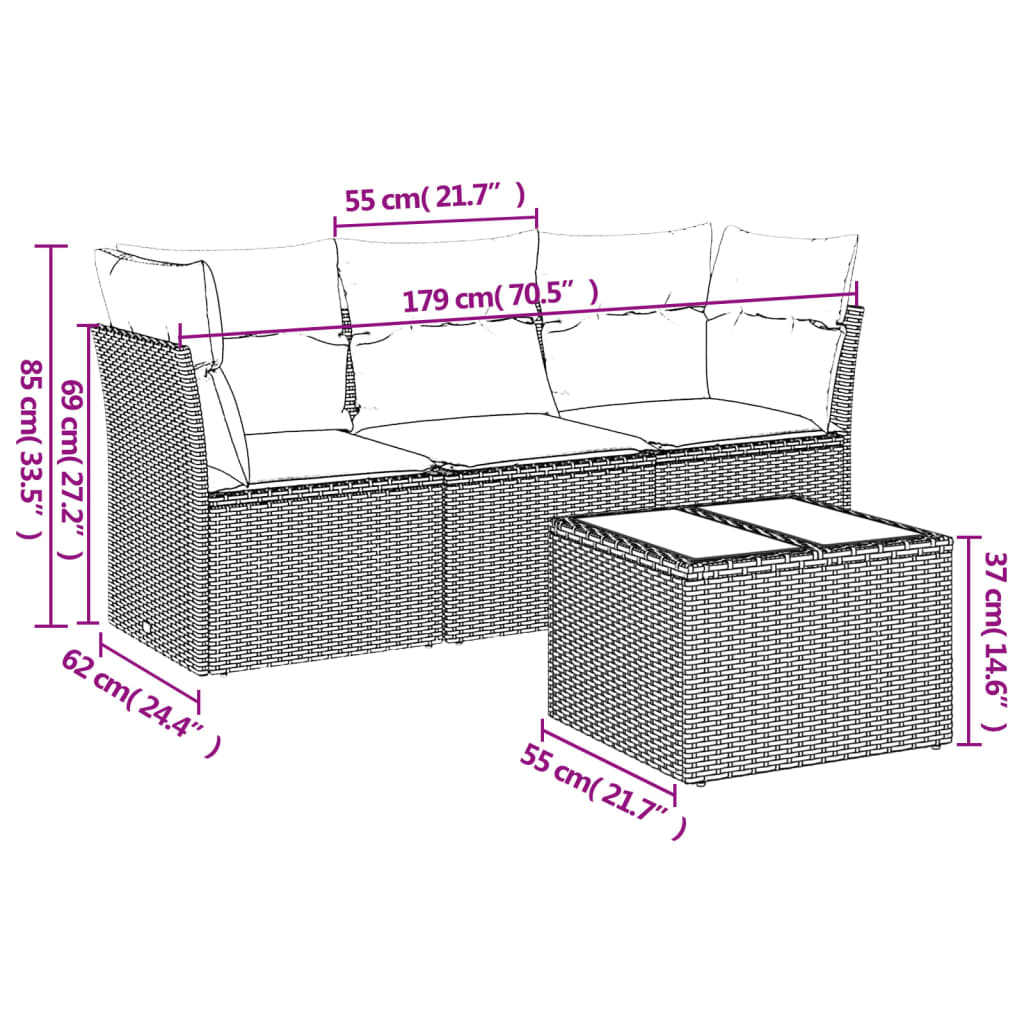 4 pcs conj. sofás jardim c/ almofadões vime PE cinzento-claro