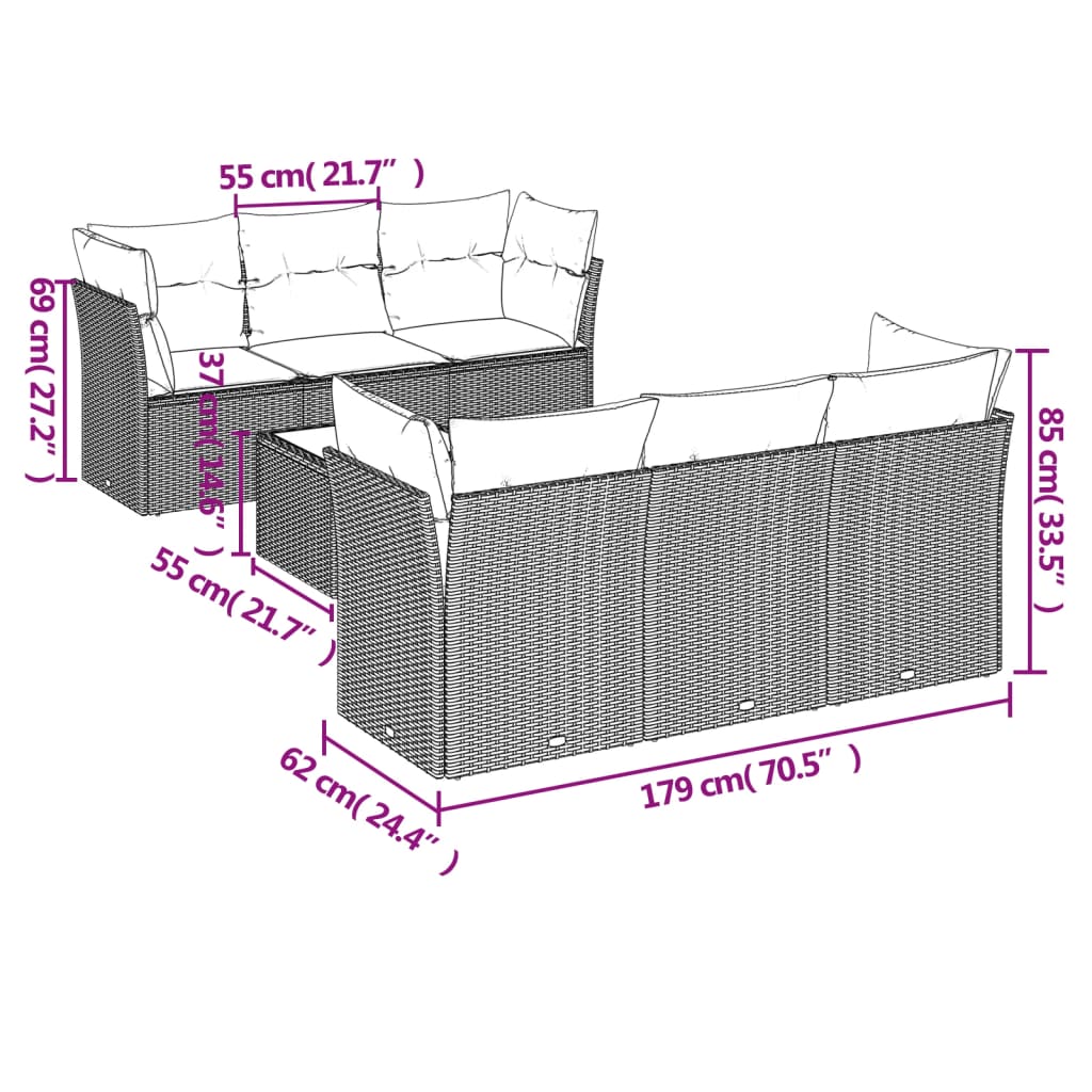 7 pcs conj. sofás jardim com almofadões vime PE cinzento-claro