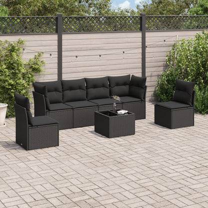 7 pcs conjunto de sofás p/ jardim c/ almofadões vime PE preto