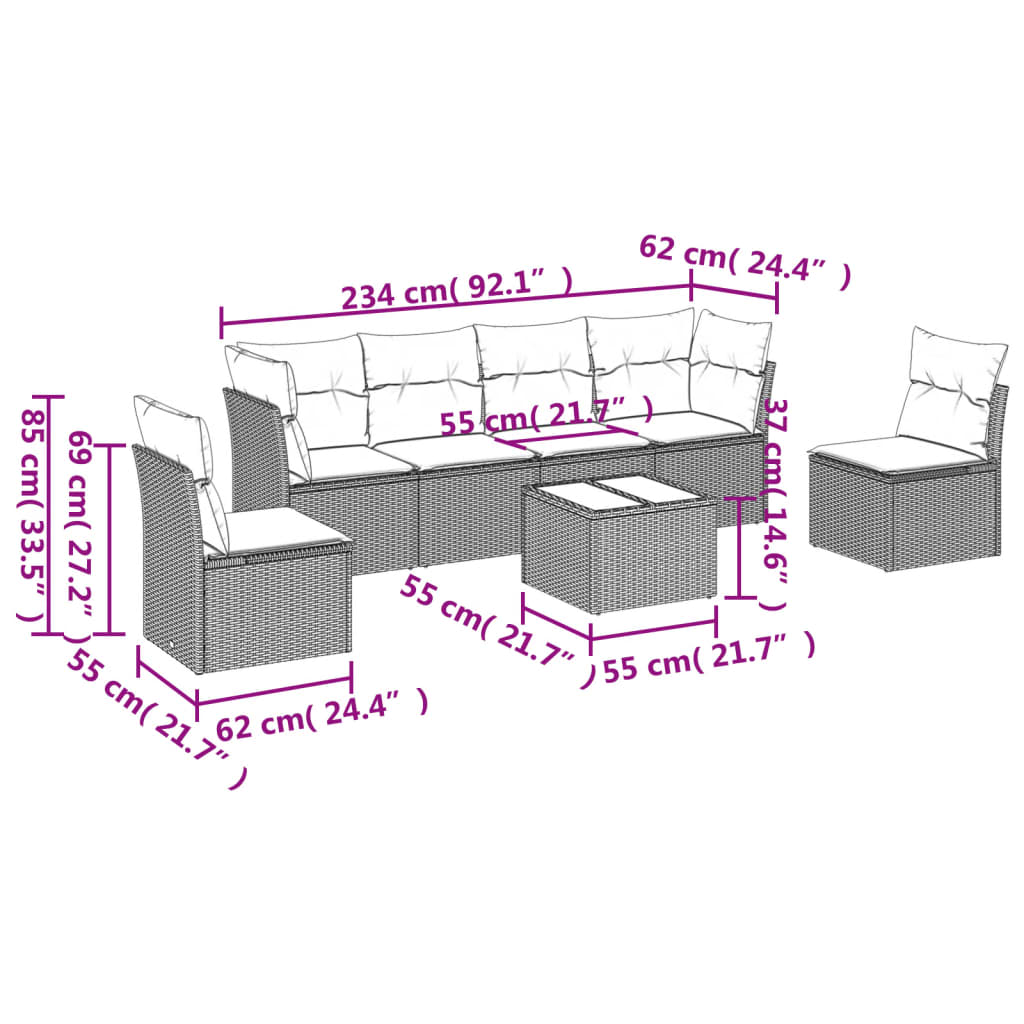 7 pcs conjunto de sofás p/ jardim c/ almofadões vime PE preto