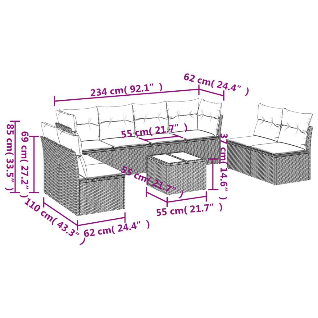 9 pcs conjunto de sofás p/ jardim c/ almofadões vime PE preto