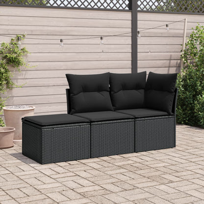 3 pcs conjunto sofás de jardim com almofadões vime PE preto