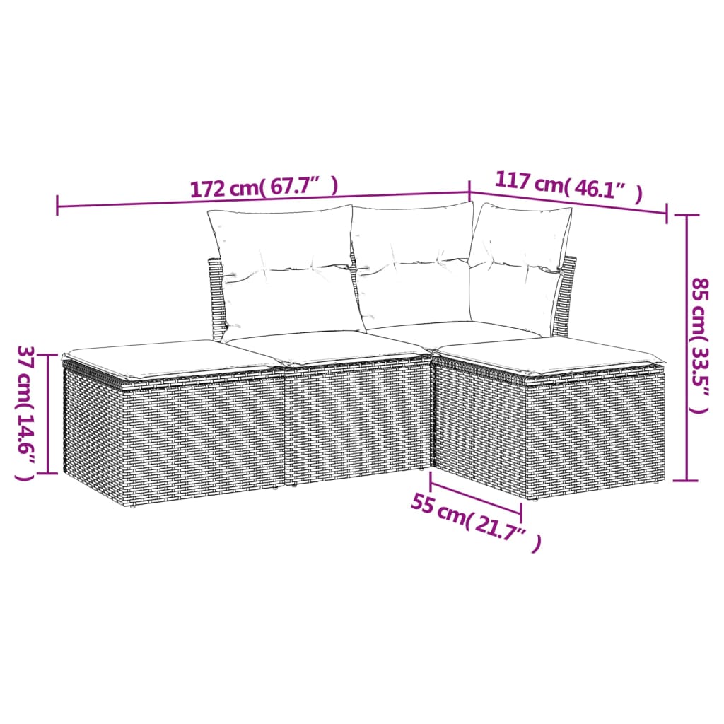 4 pcs conjunto de sofás para jardim c/ almofadões vime PE bege